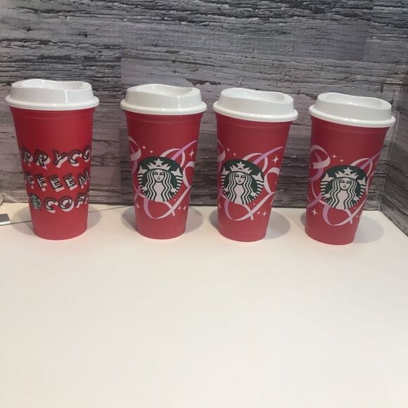 STARBUCKS 2013 Coffee 16oz Tumbler Cup Mug Red Plastic Reusable Cup set of 4 - Picture 1 of 5